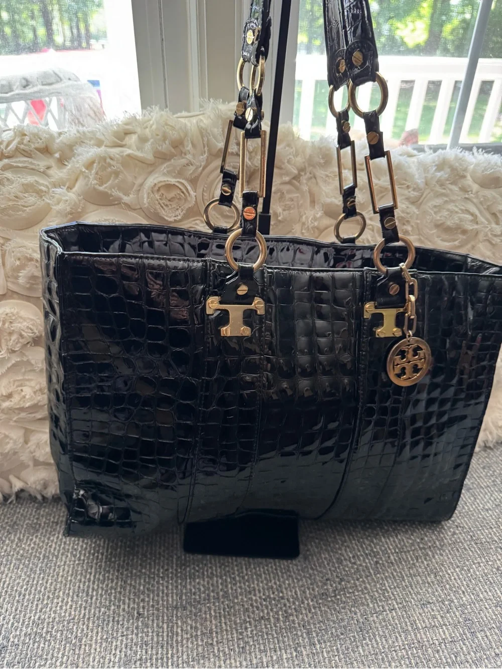 Tory Burch Black Croc-Embossed Patent Leather Tote Shoulder Bag Gold Hardware